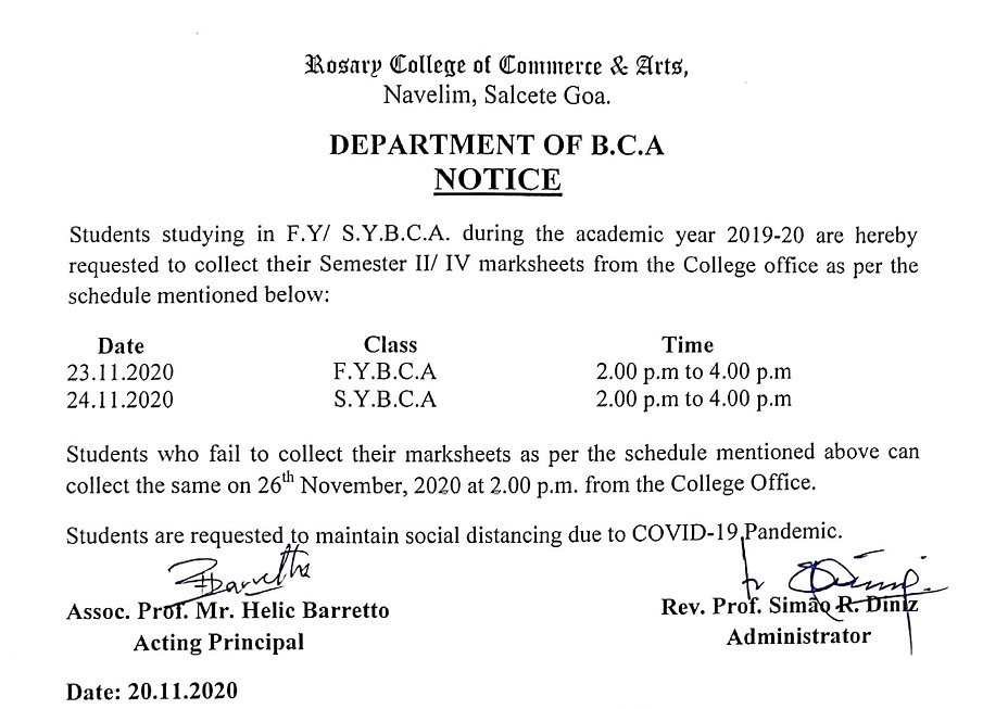 B.C.A NOTICE – Rosary College Of Commerce And Arts