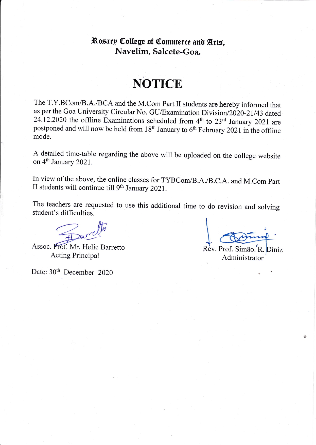 EXAMINATION NOTICE – Rosary College Of Commerce And Arts