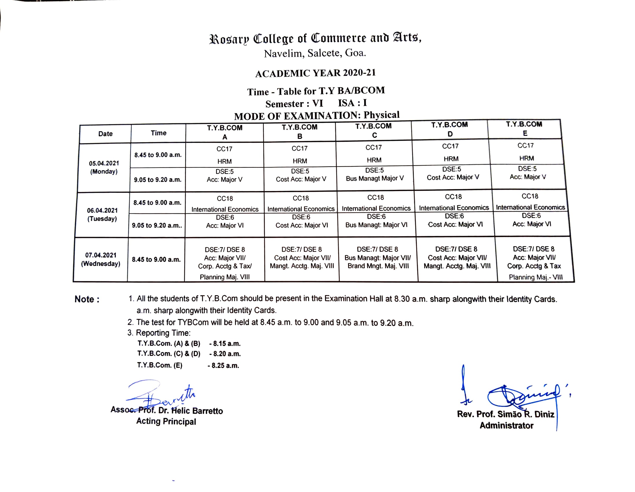 B.A / B.COM TUESDAY TIMETABLE – Rosary College of Commerce and Arts