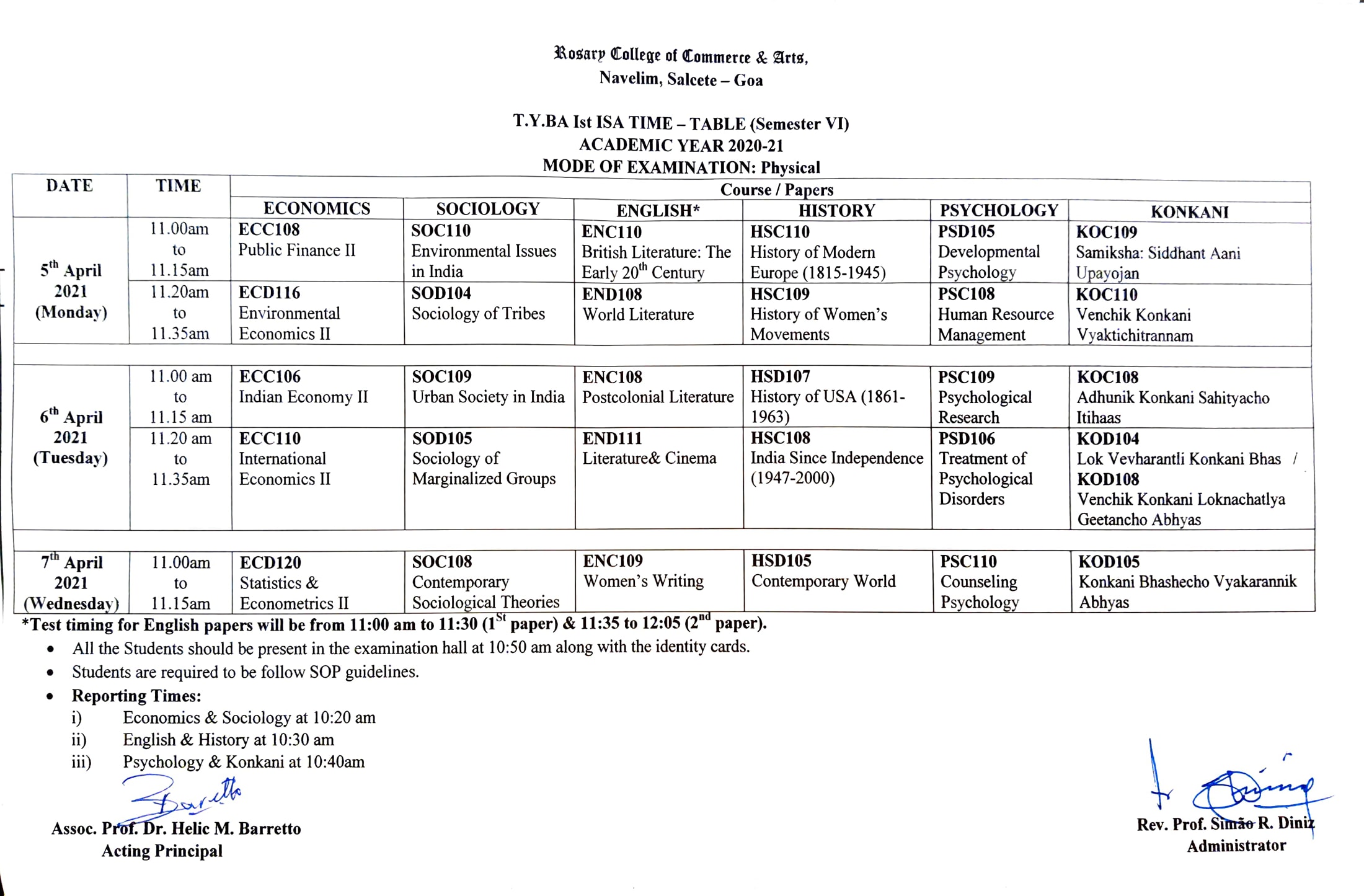 B.A / B.COM TUESDAY TIMETABLE – Rosary College of Commerce and Arts