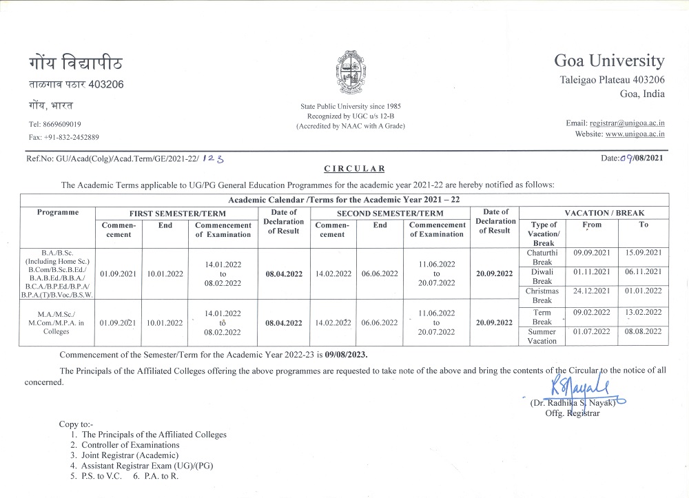 ACADEMIC CALENDAR 2021-22 – Rosary College of Commerce and Arts