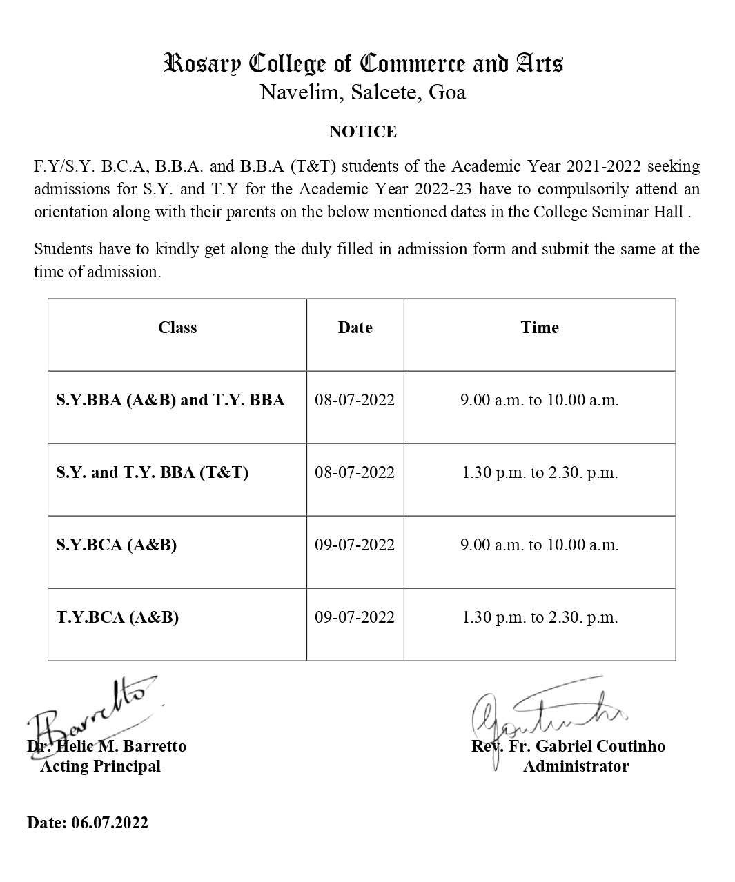 F.Y/S.Y. B.B.A, B.C.A And B.B.A T&T NOTICE – Rosary College Of Commerce ...