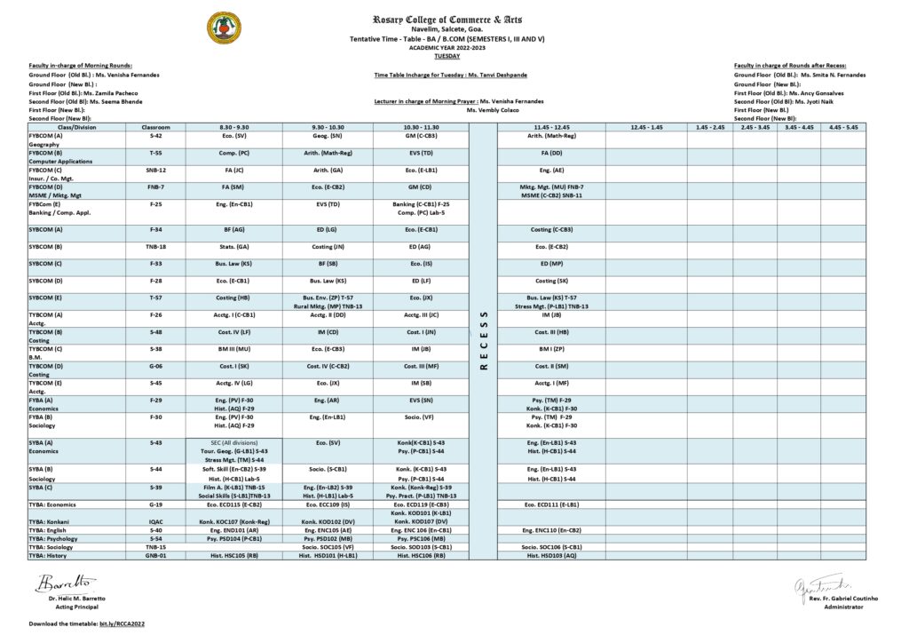 B.A / B.COM TUESDAY TIMETABLE – Rosary College Of Commerce And Arts