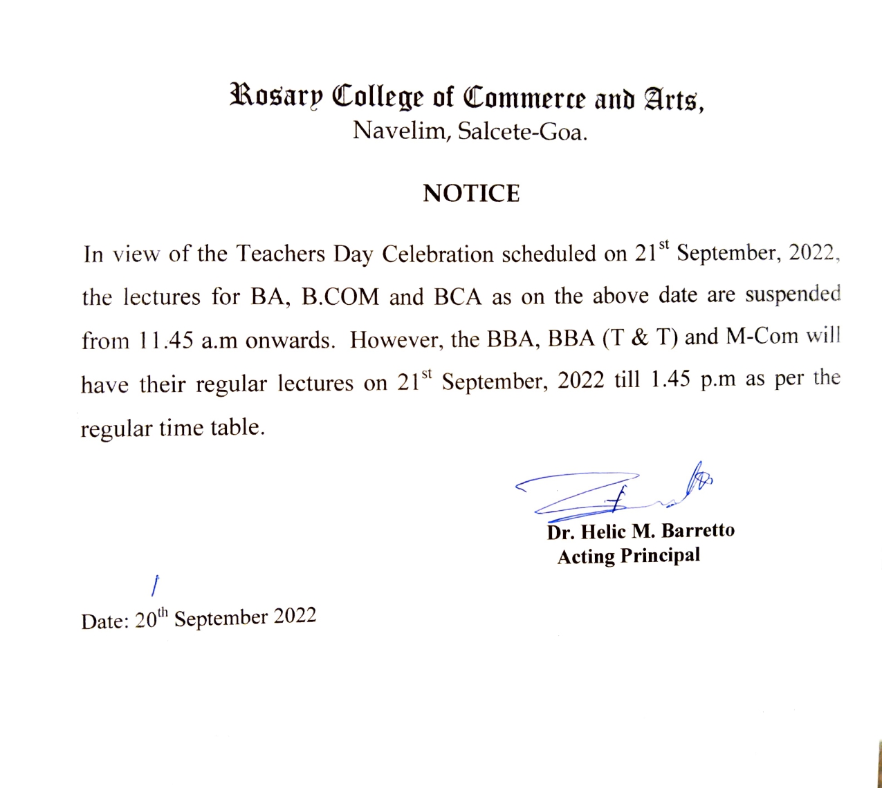 NOTICE – Rosary College Of Commerce And Arts