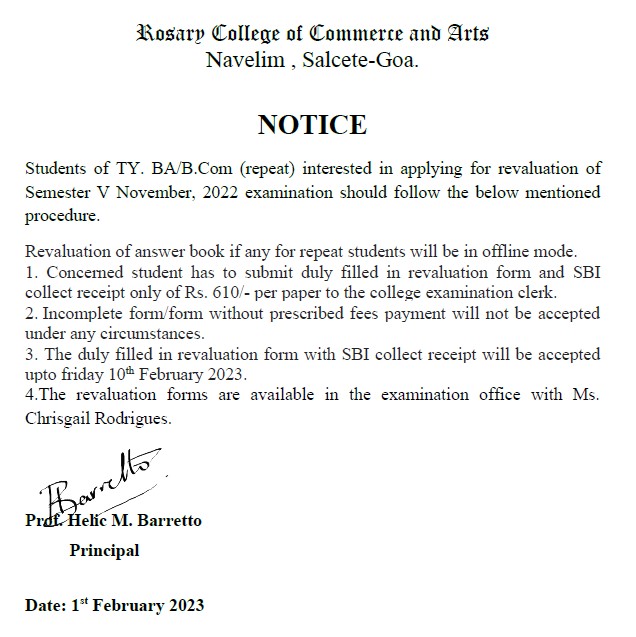 Notice – Rosary College Of Commerce And Arts