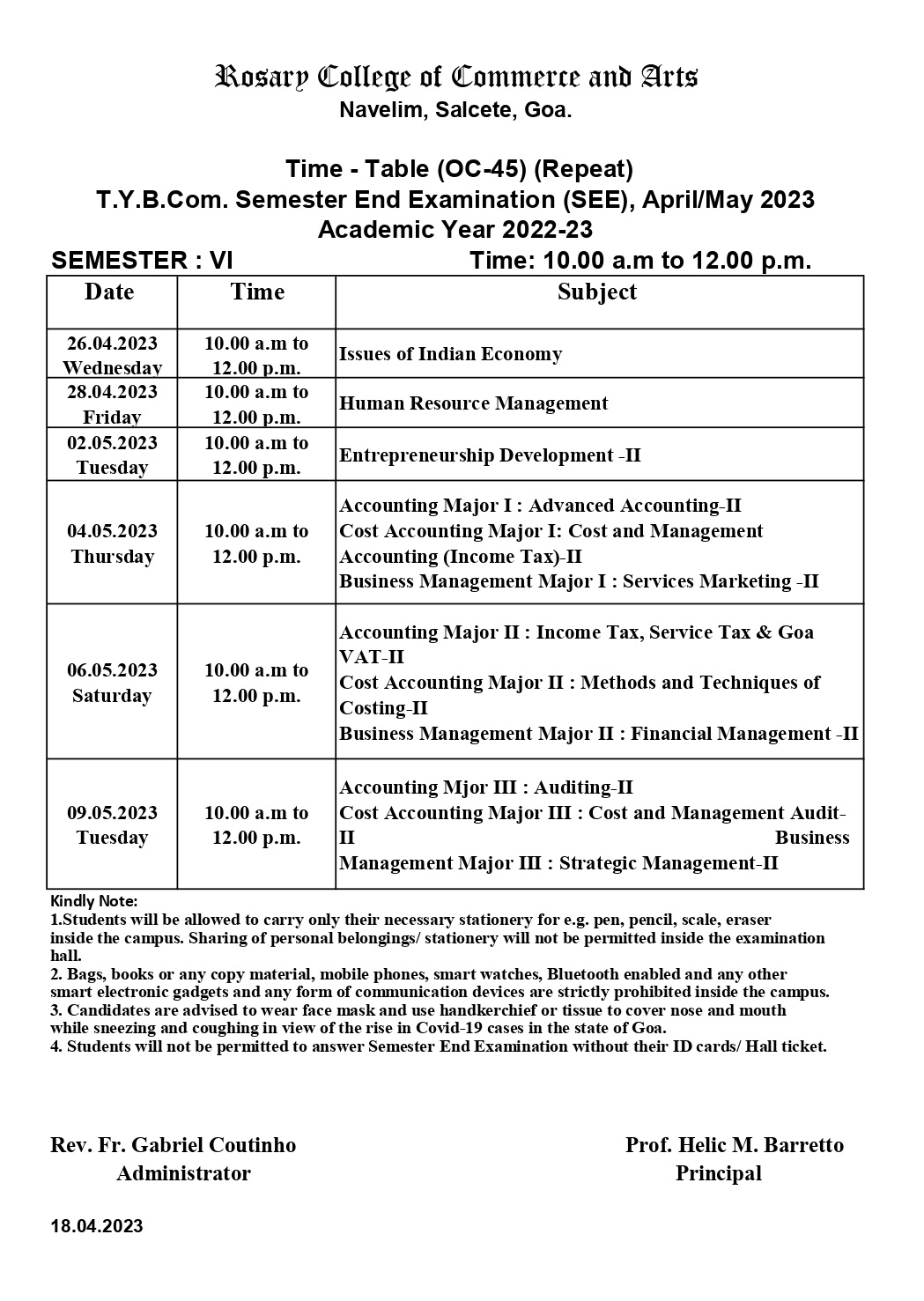 Ty Ba B Com Exam Time Table Oc Repeat Rosary College Of Commerce And Arts