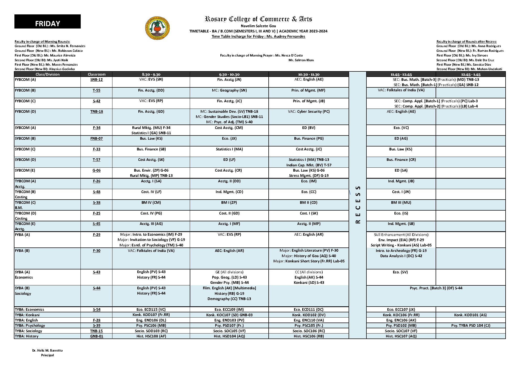 B.A. / B.COM FRIDAY TIMETABLE – Rosary College Of Commerce And Arts