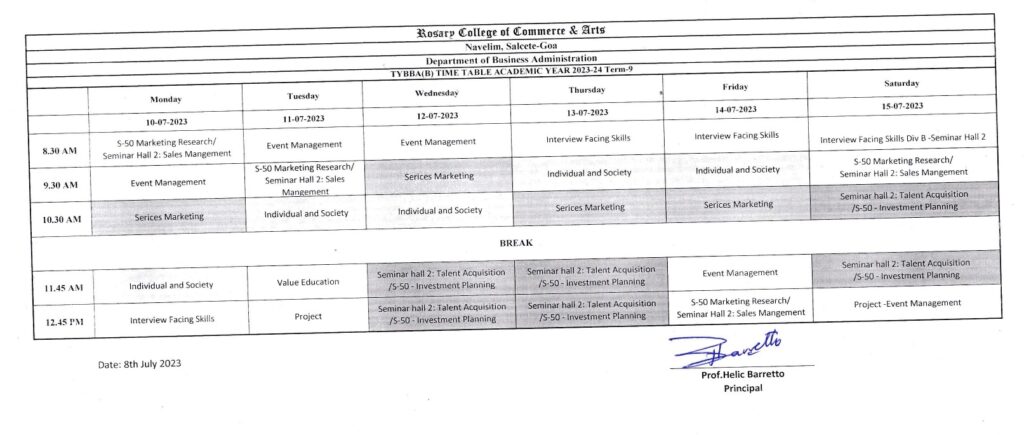 T.Y.B.B.A TIMETABLE – Rosary College Of Commerce And Arts