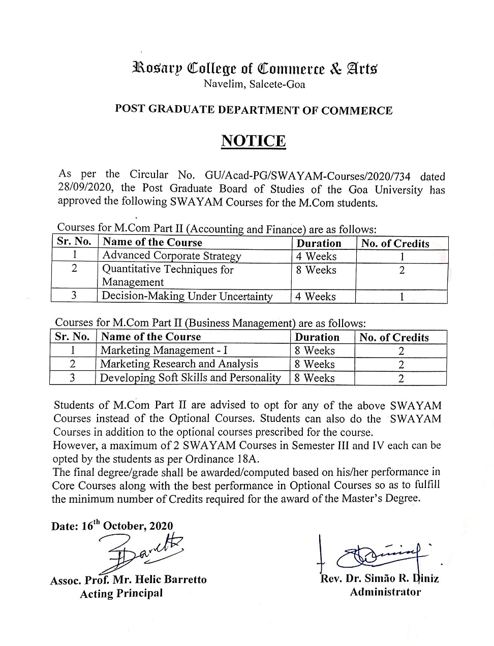 M.COM NOTICE – Rosary College of Commerce and Arts