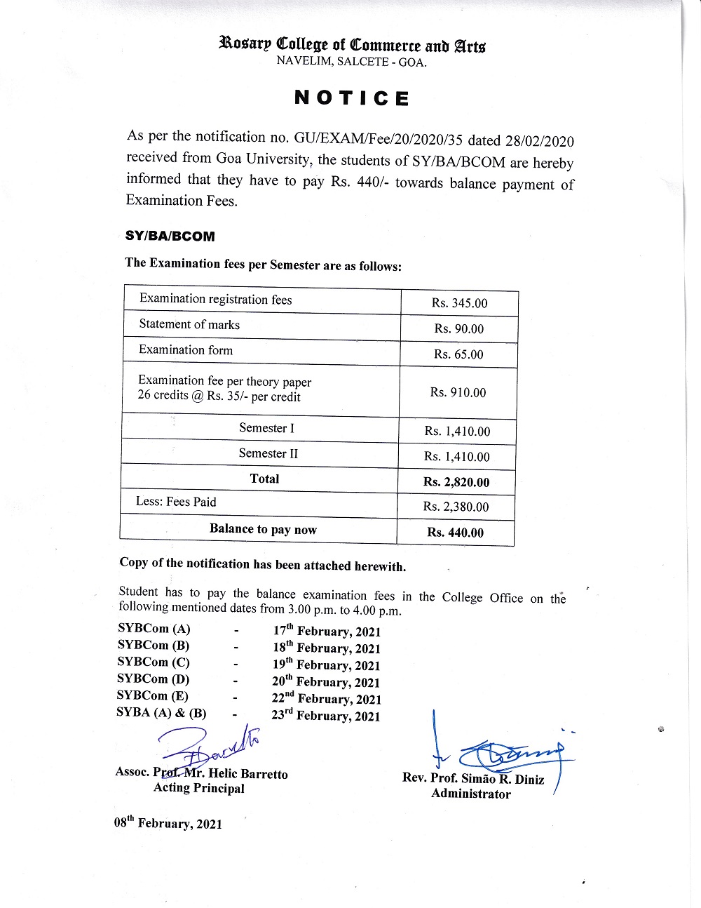 EXAMINATION NOTICE – Rosary College Of Commerce And Arts