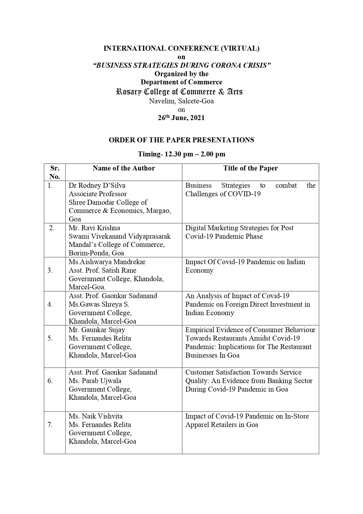 Program Schedule for International Conference – Rosary College of ...