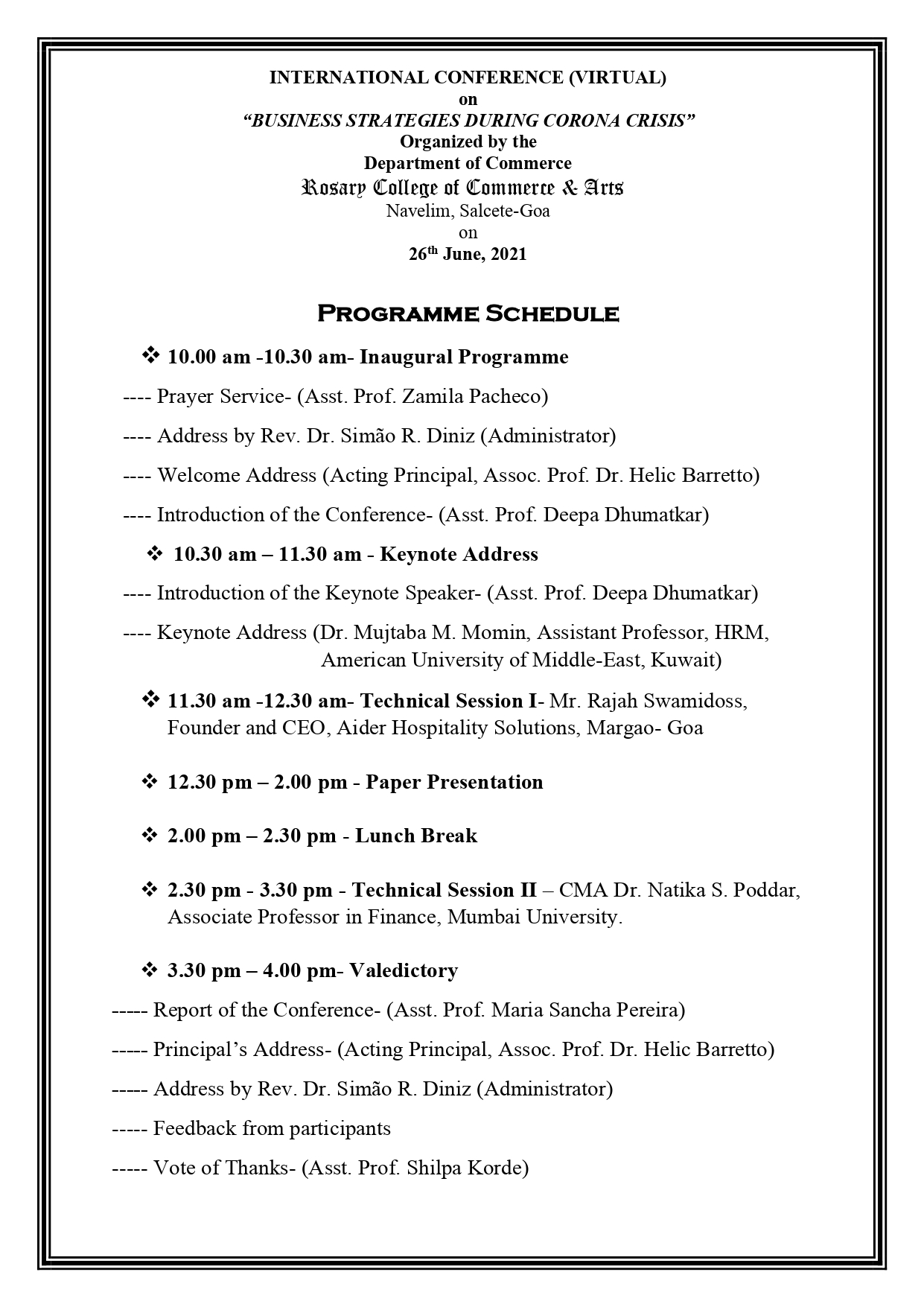 Program Schedule for International Conference – Rosary College of ...