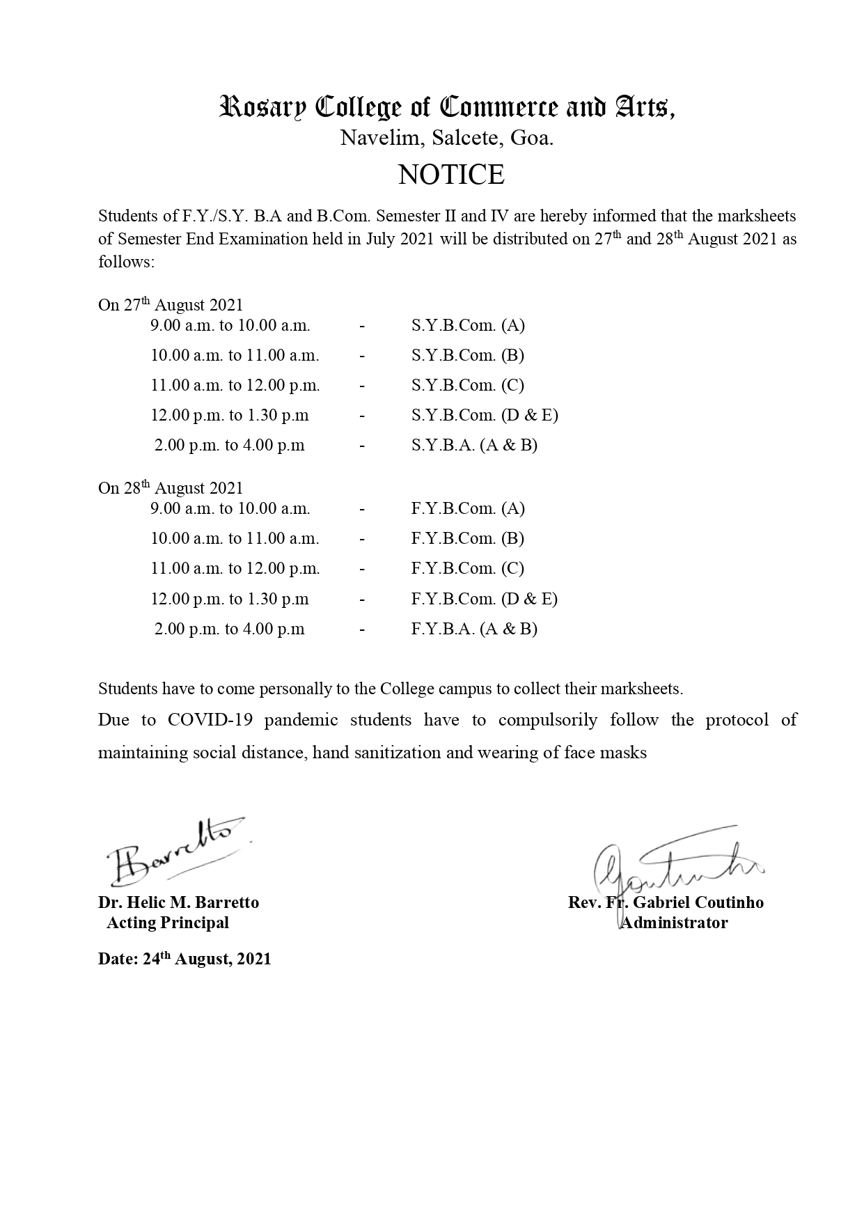 F.Y / S.Y B.A AND B.COM NOTICE – Rosary College Of Commerce And Arts