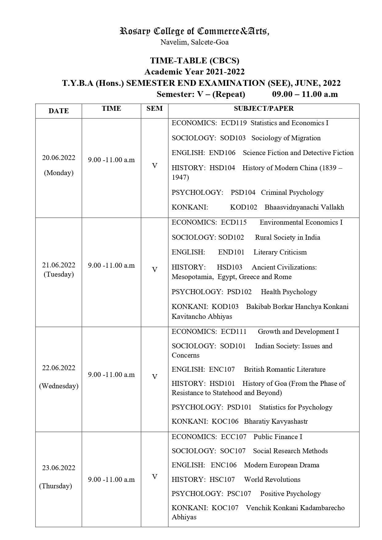 T.Y. B.A & B.COM REPEAT EXAM TIMETABLE – Rosary College of Commerce and ...