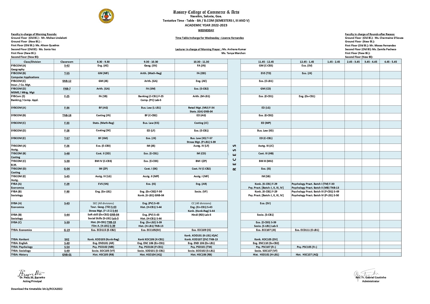 B.A / B.COM WEDNESDAY TIMETABLE – Rosary College Of Commerce And Arts