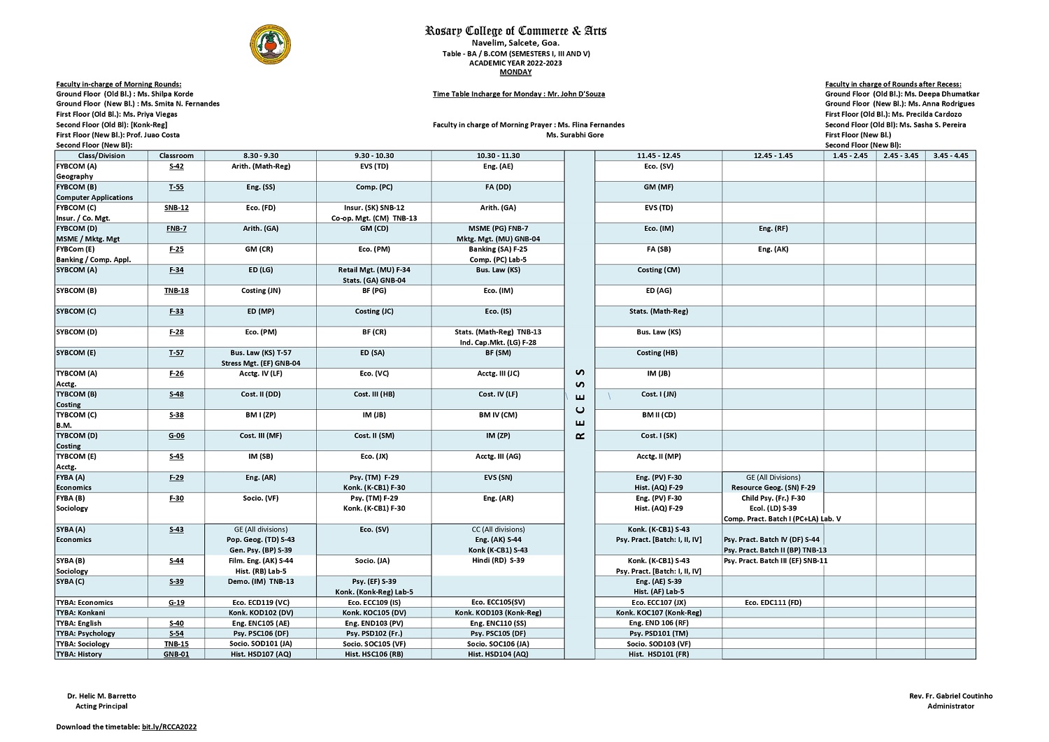 B.A / B.COM MONDAY TIMETABLE – Rosary College Of Commerce And Arts