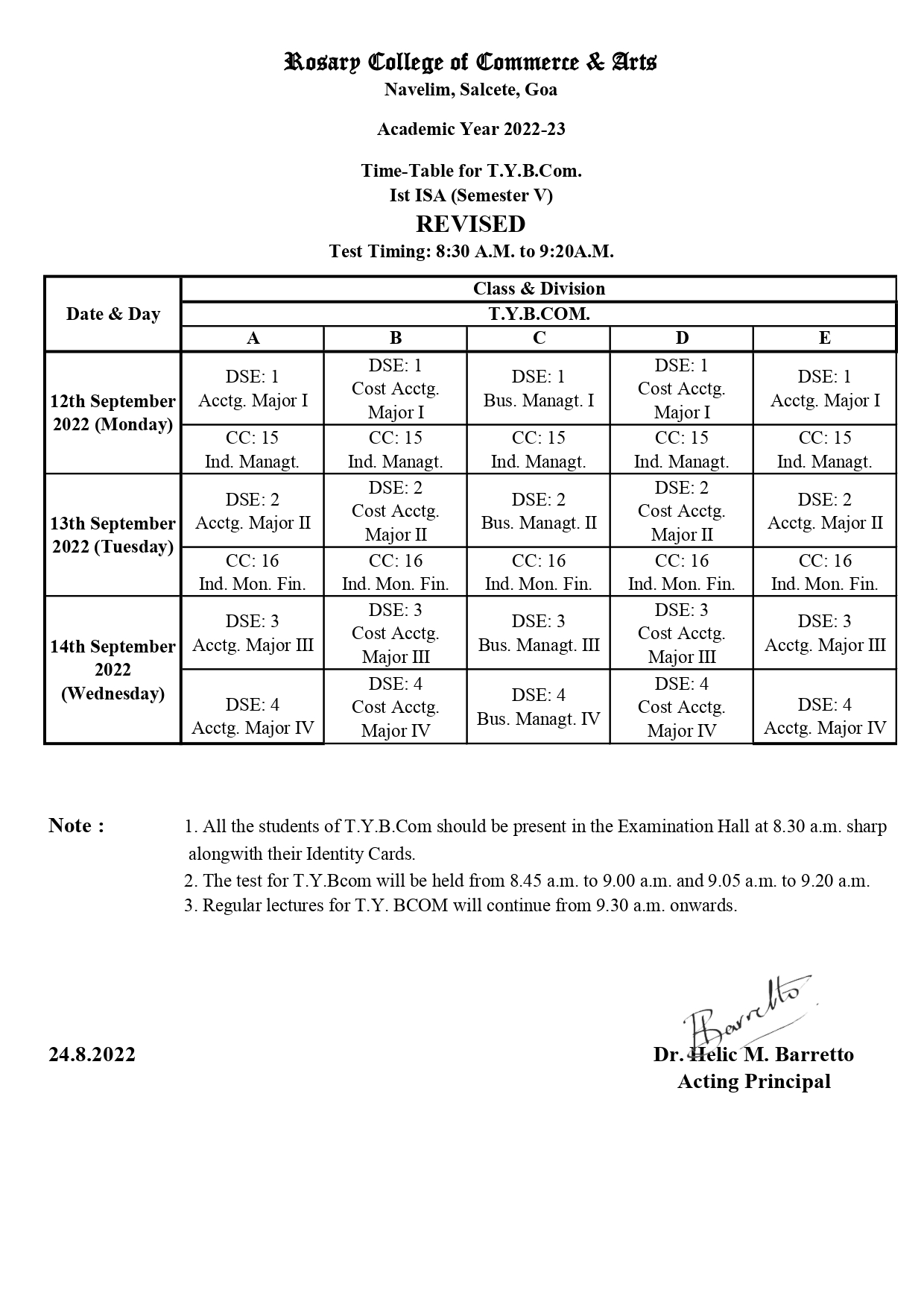 REVISED B.A. / B.COM ISA-I TIMETABLE – Rosary College Of Commerce And Arts