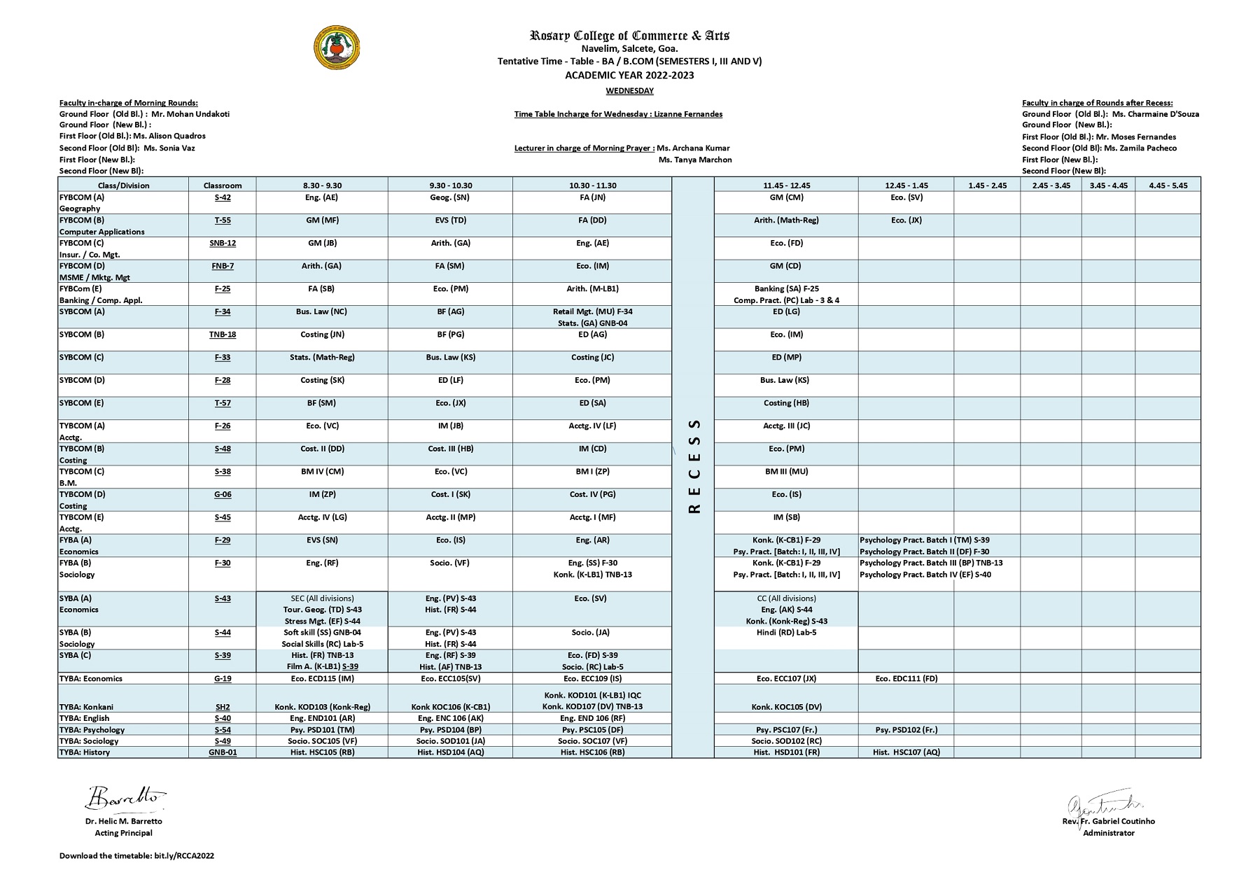 B.A / B.COM WEDNESDAY TIMETABLE – Rosary College of Commerce and Arts