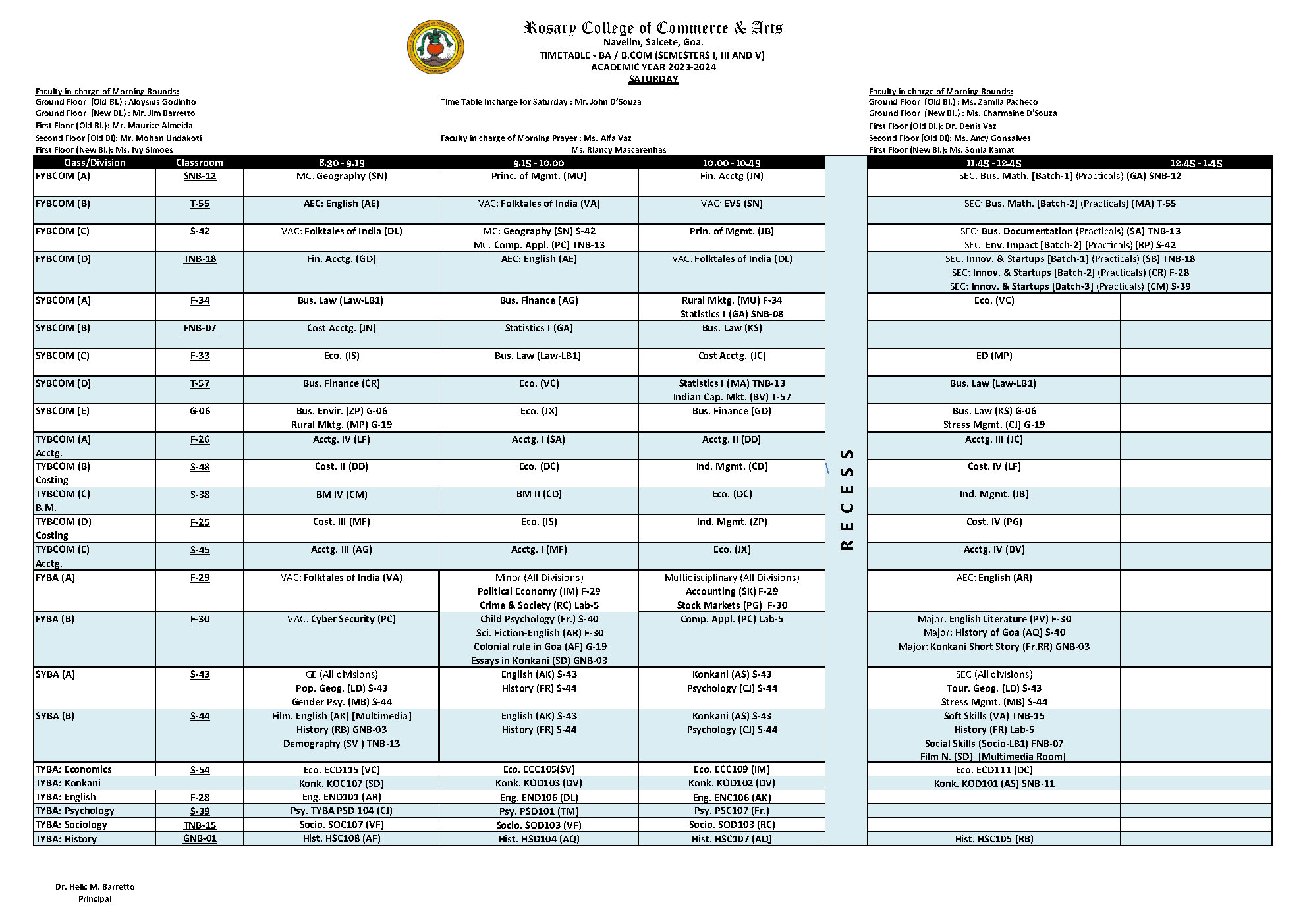 F.Y. B.A. / B.COM TIMETABLE – Rosary College of Commerce and Arts