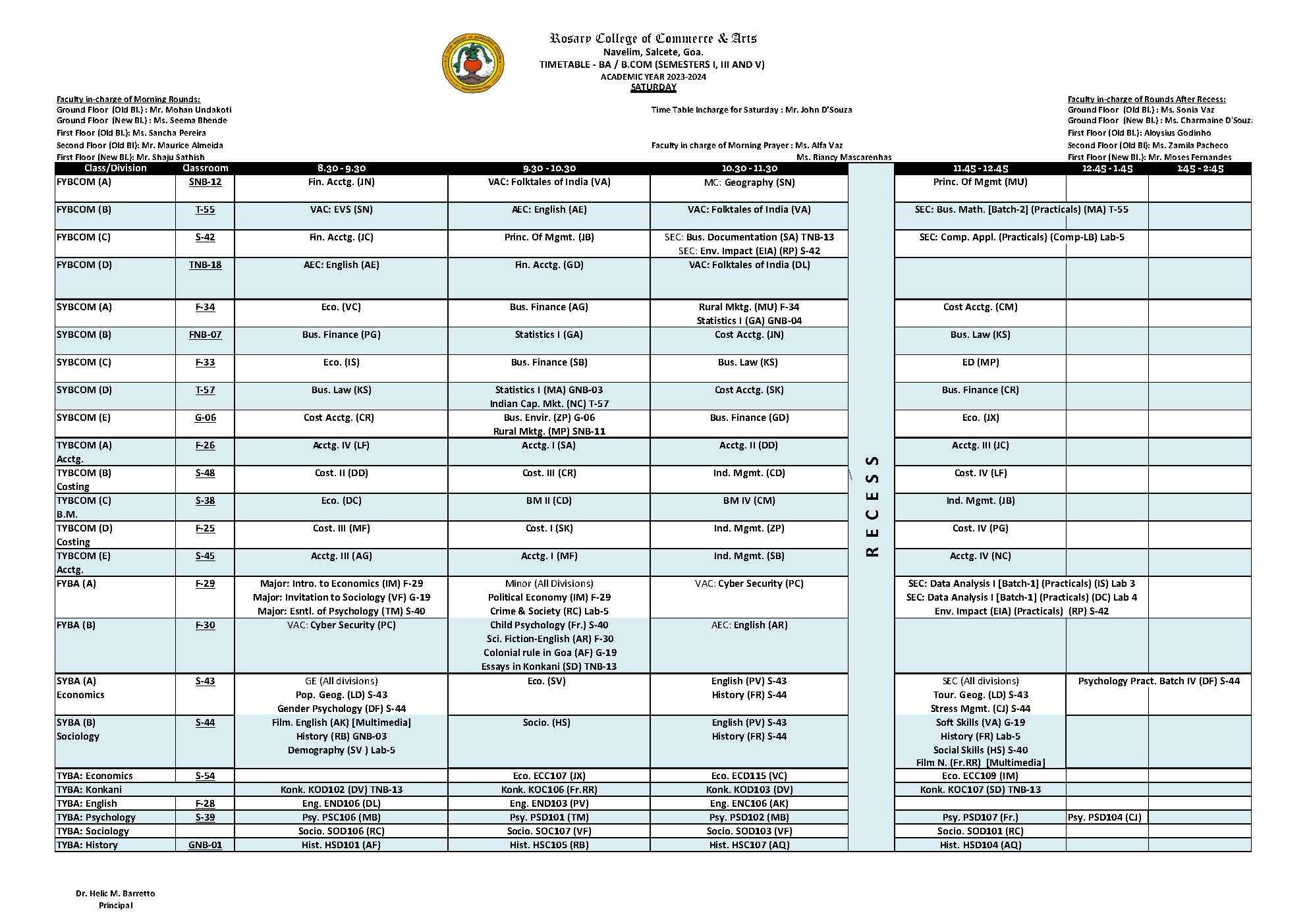 B.A / B.COM SATURDAY TIMETABLE – Rosary College Of Commerce And Arts