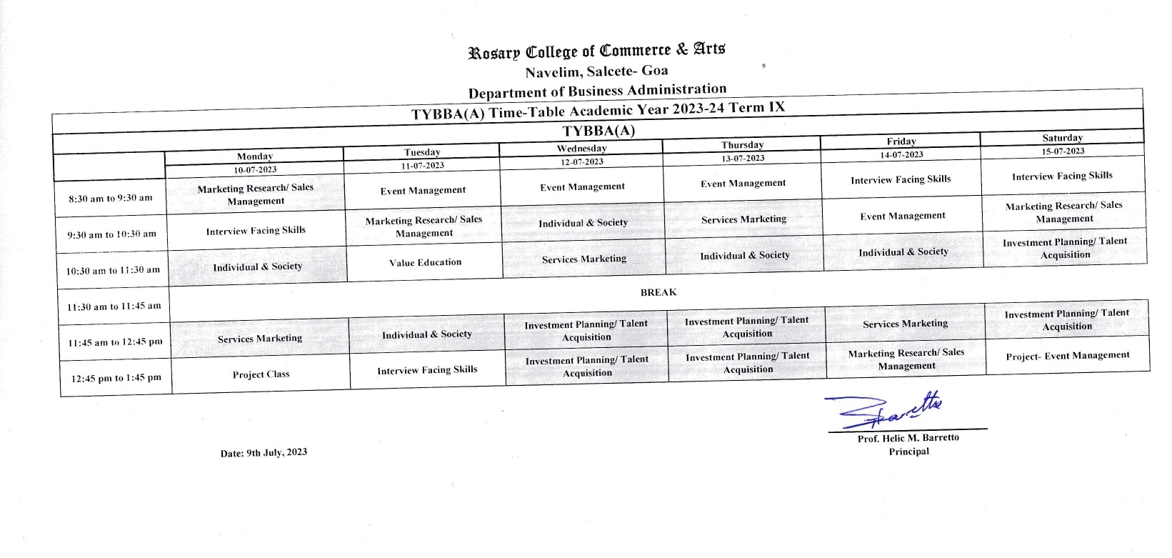 T.Y.B.B.A TIMETABLE – Rosary College Of Commerce And Arts