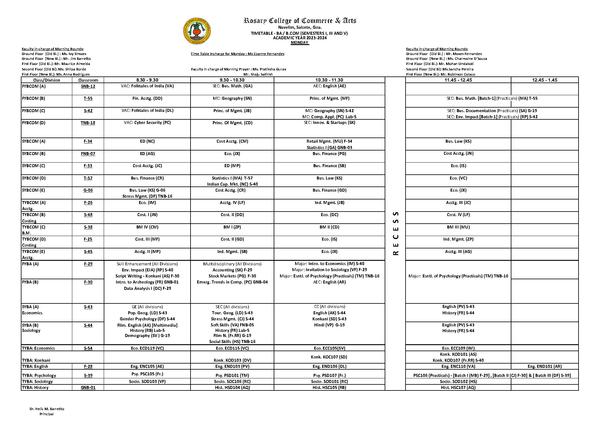 B.A. / B.COM MONDAY TIMETABLE – Rosary College Of Commerce And Arts