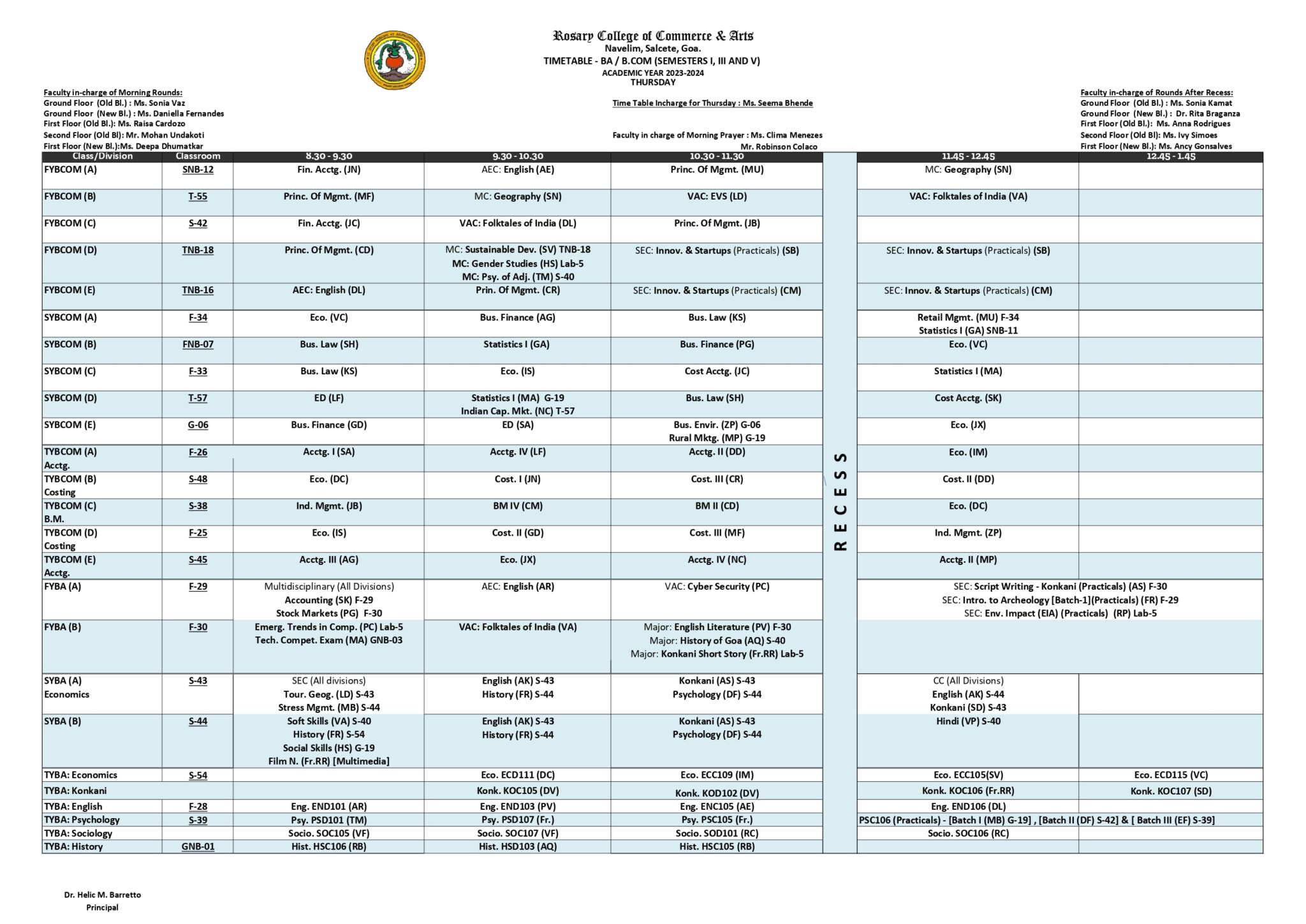 B.A / B.COM THURSDAY TIMETABLE – Rosary College Of Commerce And Arts