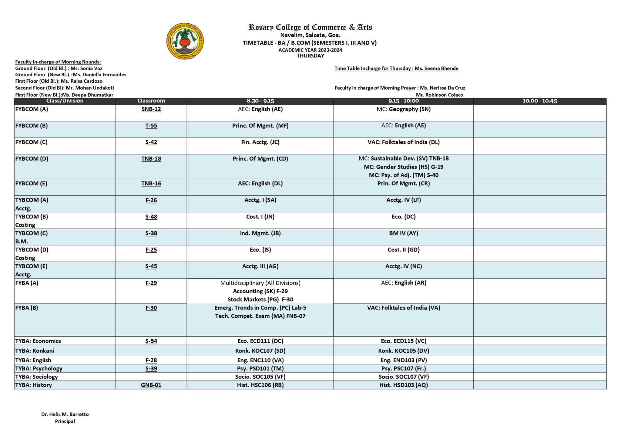 B.A. / B.COM THURSDAY TIMETABLE – Rosary College Of Commerce And Arts