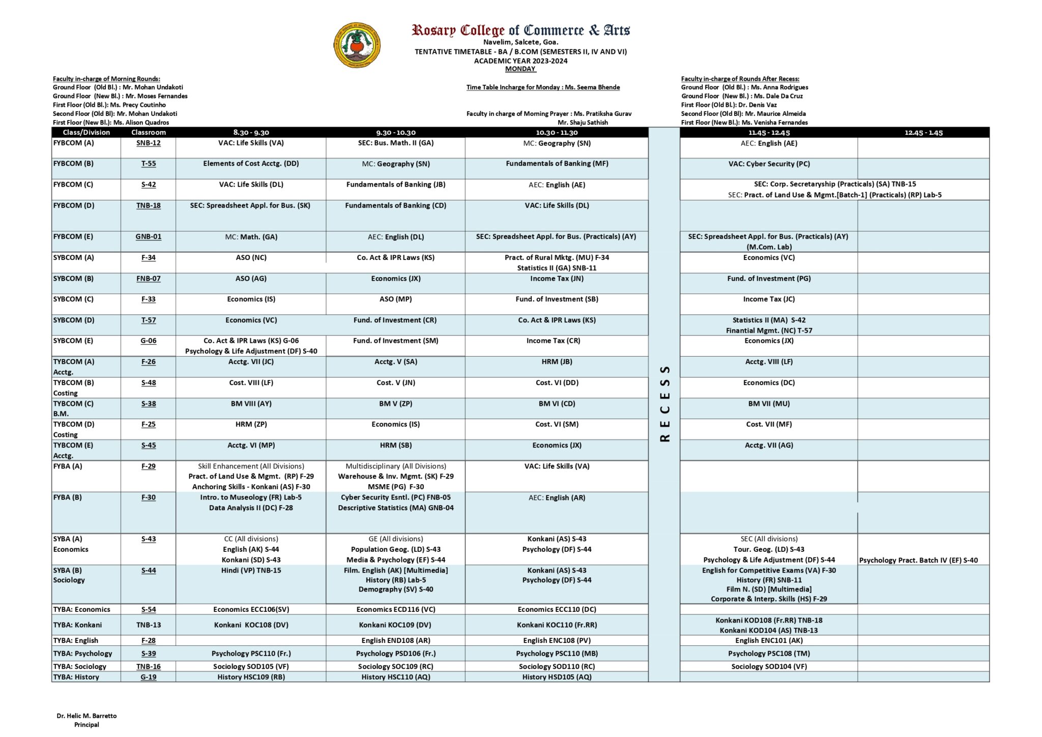 B.A. / B.COM MONDAY TIMETABLE – Rosary College Of Commerce And Arts