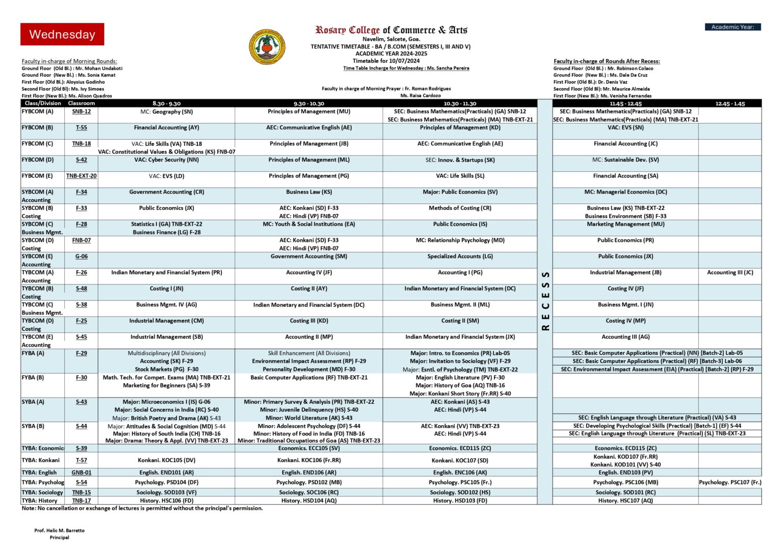 B.A / B.COM WEDNESDAY TIME-TABLE – Rosary College of Commerce and Arts